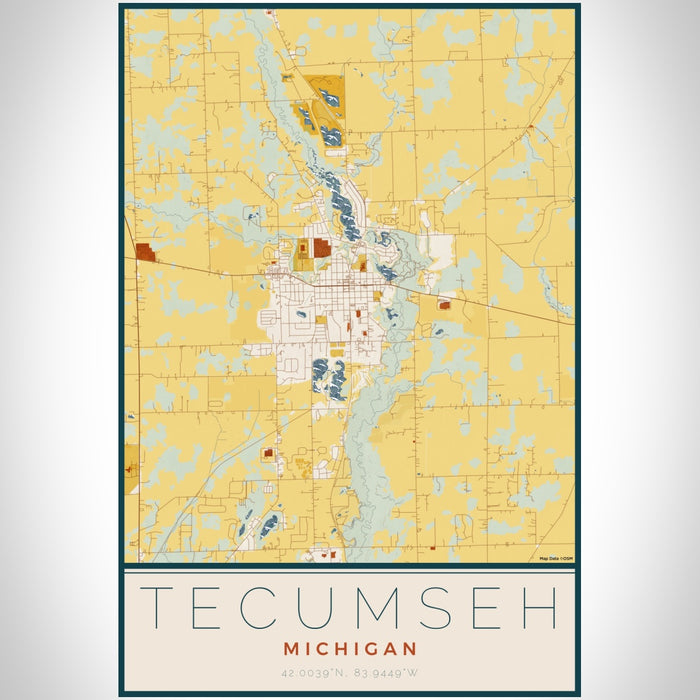 Tecumseh Michigan Map Print Portrait Orientation in Woodblock Style With Shaded Background