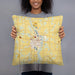 Person holding 18x18 Custom Tecumseh Michigan Map Throw Pillow in Woodblock