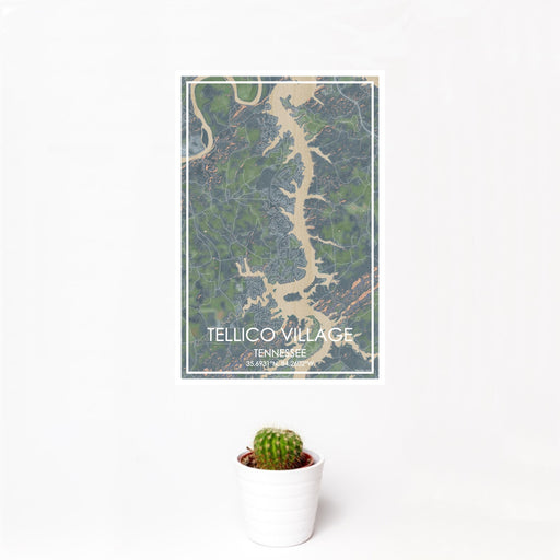 12x18 Tellico Village Tennessee Map Print Portrait Orientation in Afternoon Style With Small Cactus Plant in White Planter