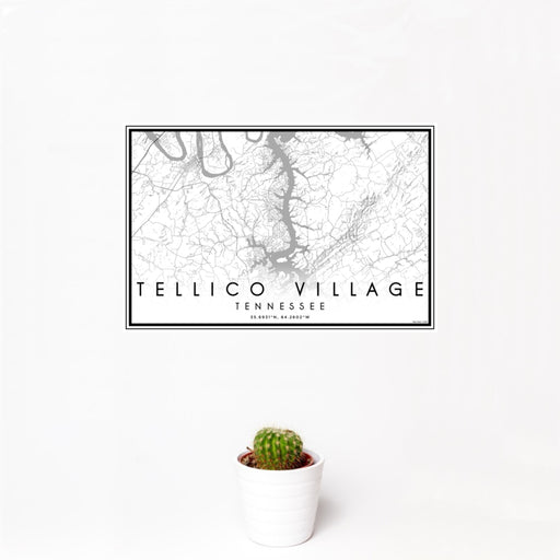 12x18 Tellico Village Tennessee Map Print Landscape Orientation in Classic Style With Small Cactus Plant in White Planter