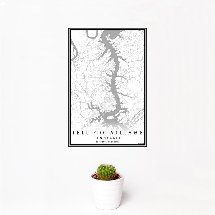 12x18 Tellico Village Tennessee Map Print Portrait Orientation in Classic Style With Small Cactus Plant in White Planter