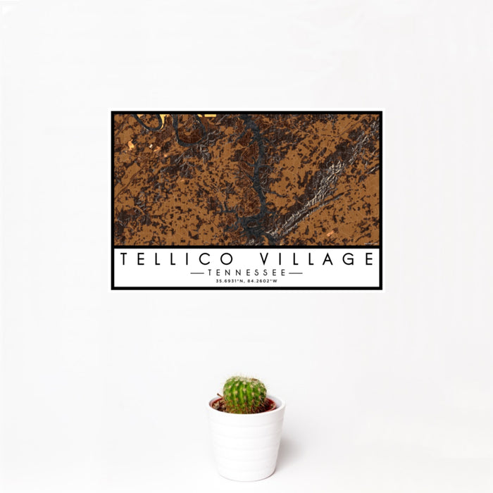 12x18 Tellico Village Tennessee Map Print Landscape Orientation in Ember Style With Small Cactus Plant in White Planter