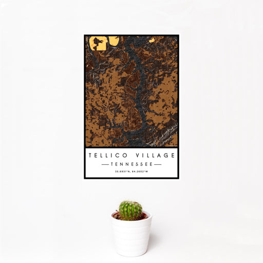 12x18 Tellico Village Tennessee Map Print Portrait Orientation in Ember Style With Small Cactus Plant in White Planter