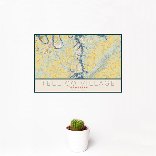 12x18 Tellico Village Tennessee Map Print Landscape Orientation in Woodblock Style With Small Cactus Plant in White Planter