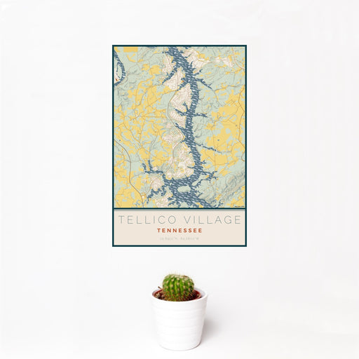 12x18 Tellico Village Tennessee Map Print Portrait Orientation in Woodblock Style With Small Cactus Plant in White Planter