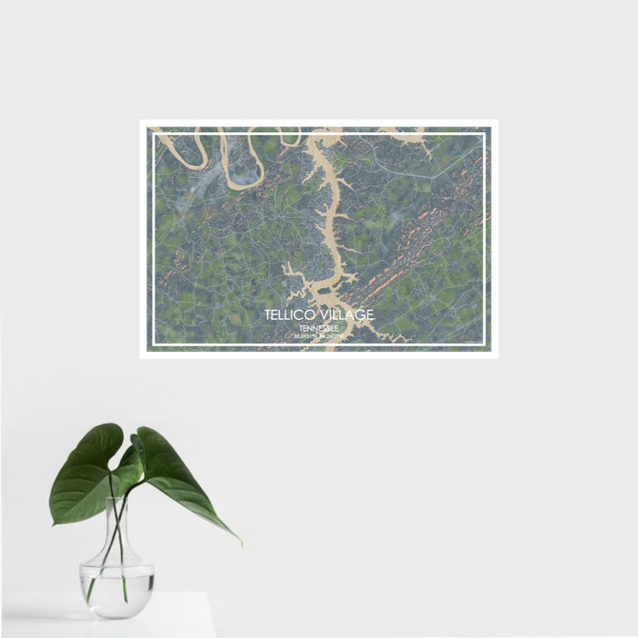 16x24 Tellico Village Tennessee Map Print Landscape Orientation in Afternoon Style With Tropical Plant Leaves in Water
