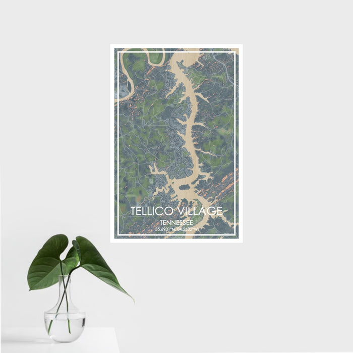 16x24 Tellico Village Tennessee Map Print Portrait Orientation in Afternoon Style With Tropical Plant Leaves in Water