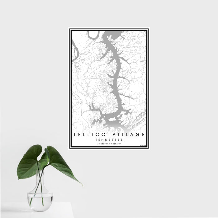 16x24 Tellico Village Tennessee Map Print Portrait Orientation in Classic Style With Tropical Plant Leaves in Water