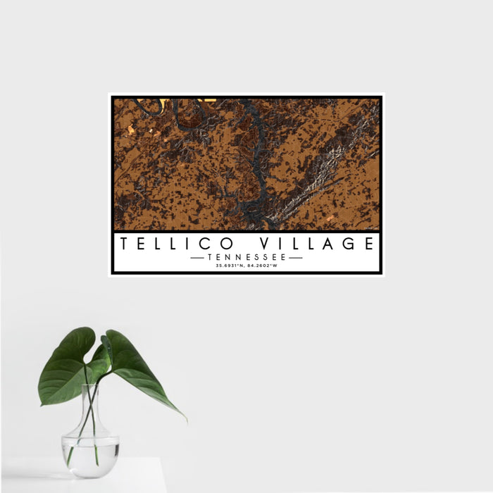 16x24 Tellico Village Tennessee Map Print Landscape Orientation in Ember Style With Tropical Plant Leaves in Water