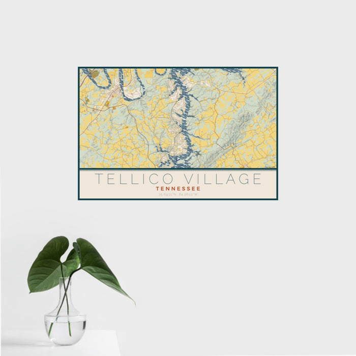 16x24 Tellico Village Tennessee Map Print Landscape Orientation in Woodblock Style With Tropical Plant Leaves in Water