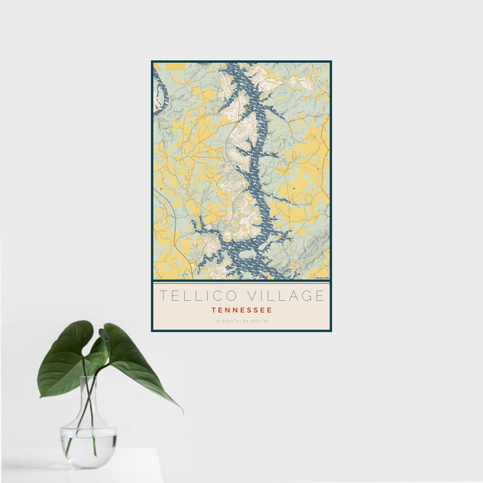 16x24 Tellico Village Tennessee Map Print Portrait Orientation in Woodblock Style With Tropical Plant Leaves in Water