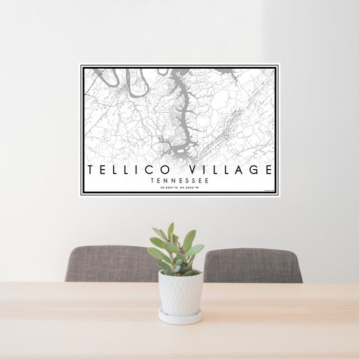 24x36 Tellico Village Tennessee Map Print Lanscape Orientation in Classic Style Behind 2 Chairs Table and Potted Plant