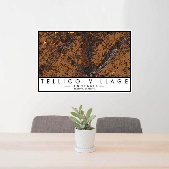 24x36 Tellico Village Tennessee Map Print Lanscape Orientation in Ember Style Behind 2 Chairs Table and Potted Plant