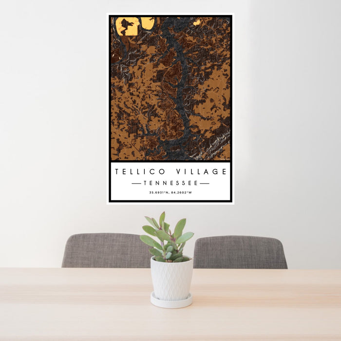 24x36 Tellico Village Tennessee Map Print Portrait Orientation in Ember Style Behind 2 Chairs Table and Potted Plant