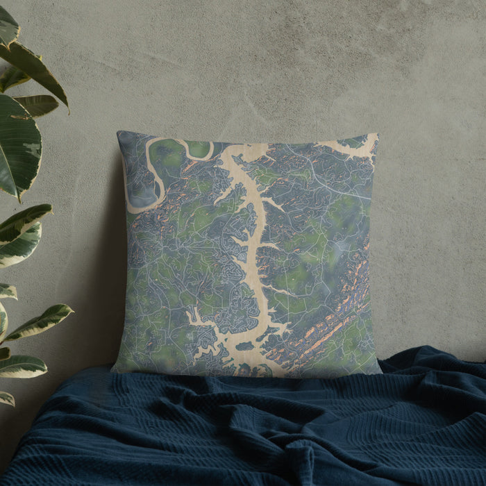 Custom Tellico Village Tennessee Map Throw Pillow in Afternoon on Bedding Against Wall