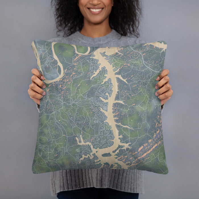 Person holding 18x18 Custom Tellico Village Tennessee Map Throw Pillow in Afternoon