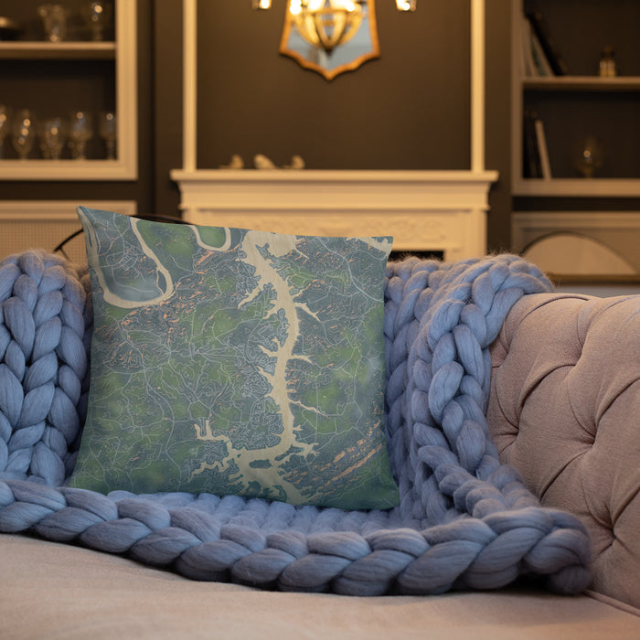Custom Tellico Village Tennessee Map Throw Pillow in Afternoon on Cream Colored Couch