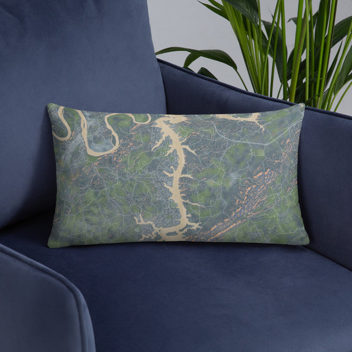 Custom Tellico Village Tennessee Map Throw Pillow in Afternoon on Blue Colored Chair