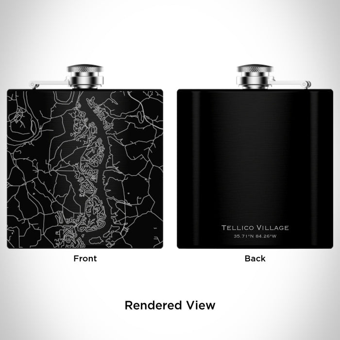 Rendered View of Tellico Village Tennessee Map Engraving on 6oz Stainless Steel Flask in Black