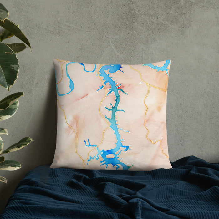 Custom Tellico Village Tennessee Map Throw Pillow in Watercolor on Bedding Against Wall