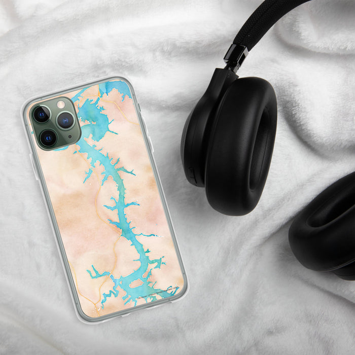 Custom Tellico Village Tennessee Map Phone Case in Watercolor on Table with Black Headphones
