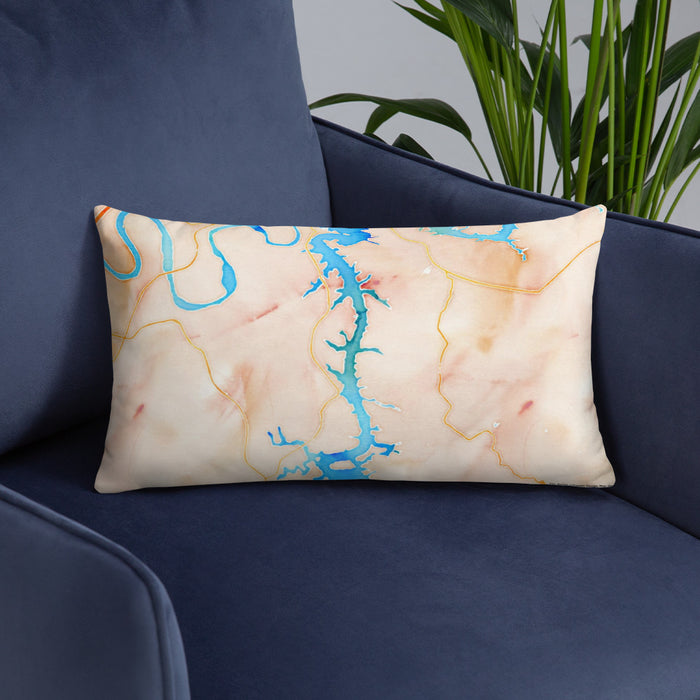 Custom Tellico Village Tennessee Map Throw Pillow in Watercolor on Blue Colored Chair