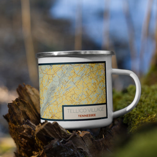 Right View Custom Tellico Village Tennessee Map Enamel Mug in Woodblock on Grass With Trees in Background