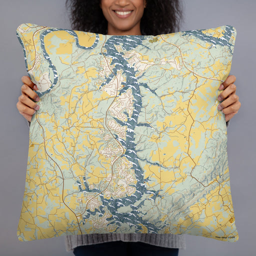 Person holding 22x22 Custom Tellico Village Tennessee Map Throw Pillow in Woodblock