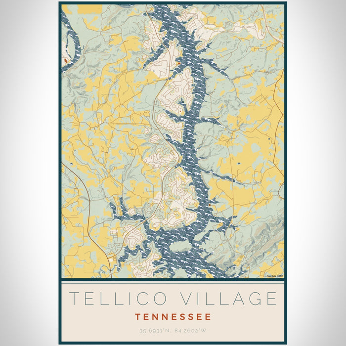 Tellico Village Tennessee Map Print Portrait Orientation in Woodblock Style With Shaded Background