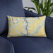 Custom Tellico Village Tennessee Map Throw Pillow in Woodblock on Blue Colored Chair