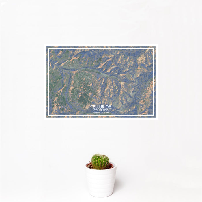 12x18 Telluride Colorado Map Print Landscape Orientation in Afternoon Style With Small Cactus Plant in White Planter