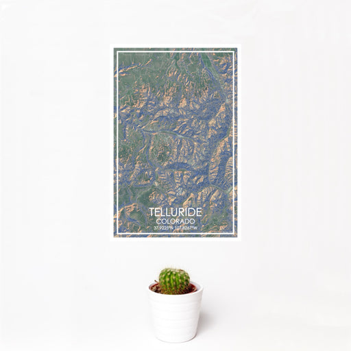 12x18 Telluride Colorado Map Print Portrait Orientation in Afternoon Style With Small Cactus Plant in White Planter