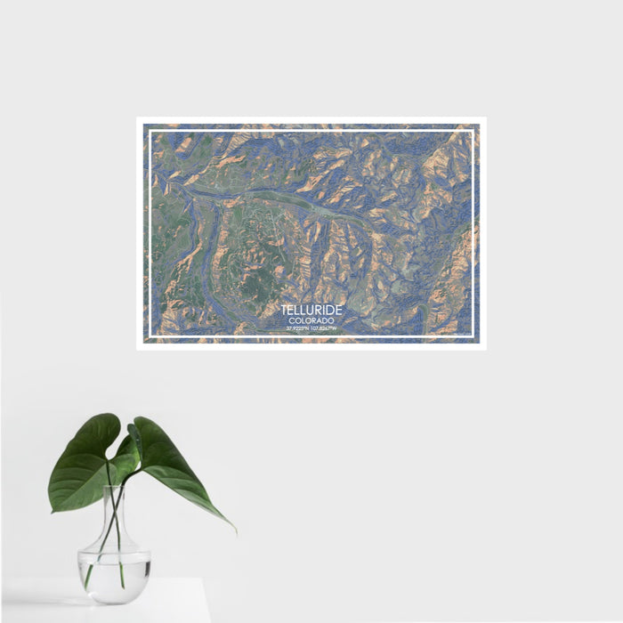 16x24 Telluride Colorado Map Print Landscape Orientation in Afternoon Style With Tropical Plant Leaves in Water