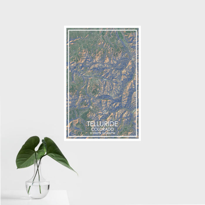 16x24 Telluride Colorado Map Print Portrait Orientation in Afternoon Style With Tropical Plant Leaves in Water