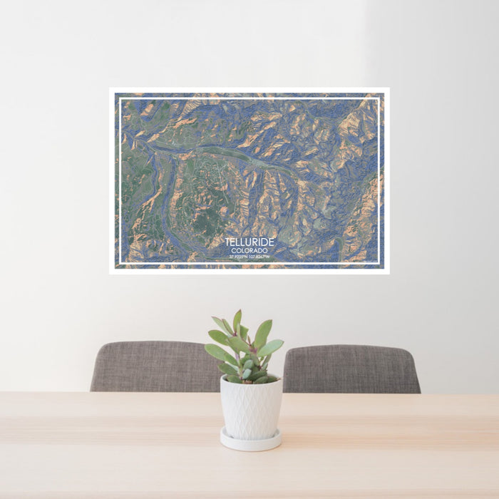 24x36 Telluride Colorado Map Print Lanscape Orientation in Afternoon Style Behind 2 Chairs Table and Potted Plant