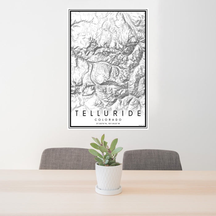 24x36 Telluride Colorado Map Print Portrait Orientation in Classic Style Behind 2 Chairs Table and Potted Plant