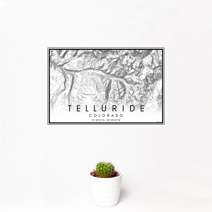 12x18 Telluride Colorado Map Print Landscape Orientation in Classic Style With Small Cactus Plant in White Planter