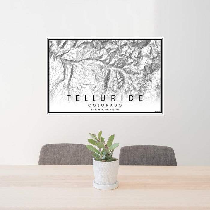 24x36 Telluride Colorado Map Print Landscape Orientation in Classic Style Behind 2 Chairs Table and Potted Plant