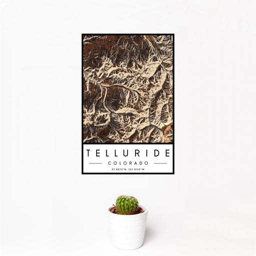 12x18 Telluride Colorado Map Print Portrait Orientation in Ember Style With Small Cactus Plant in White Planter