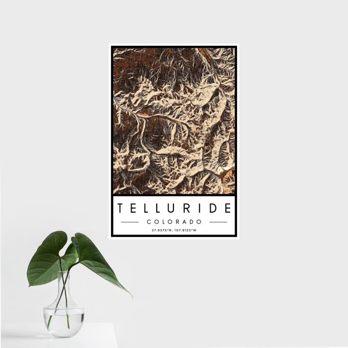 16x24 Telluride Colorado Map Print Portrait Orientation in Ember Style With Tropical Plant Leaves in Water