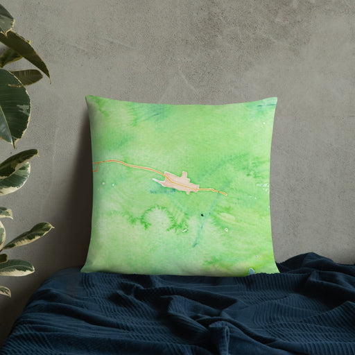 Custom Telluride Colorado Map Throw Pillow in Watercolor on Bedding Against Wall