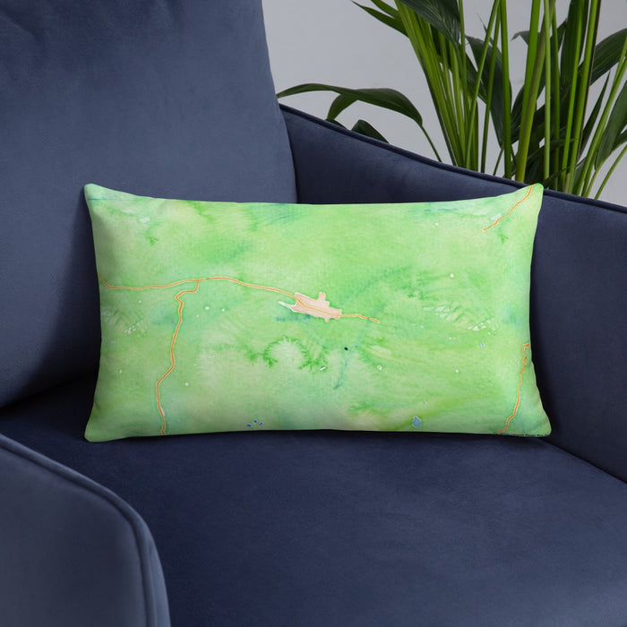 Custom Telluride Colorado Map Throw Pillow in Watercolor on Blue Colored Chair