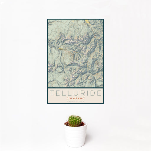 12x18 Telluride Colorado Map Print Portrait Orientation in Woodblock Style With Small Cactus Plant in White Planter