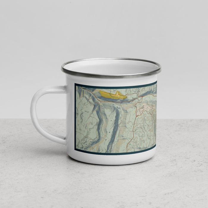 Left View Custom Telluride Colorado Map Enamel Mug in Woodblock