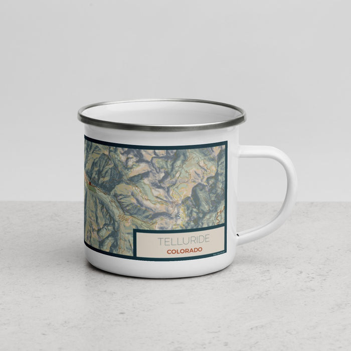 Right View Custom Telluride Colorado Map Enamel Mug in Woodblock