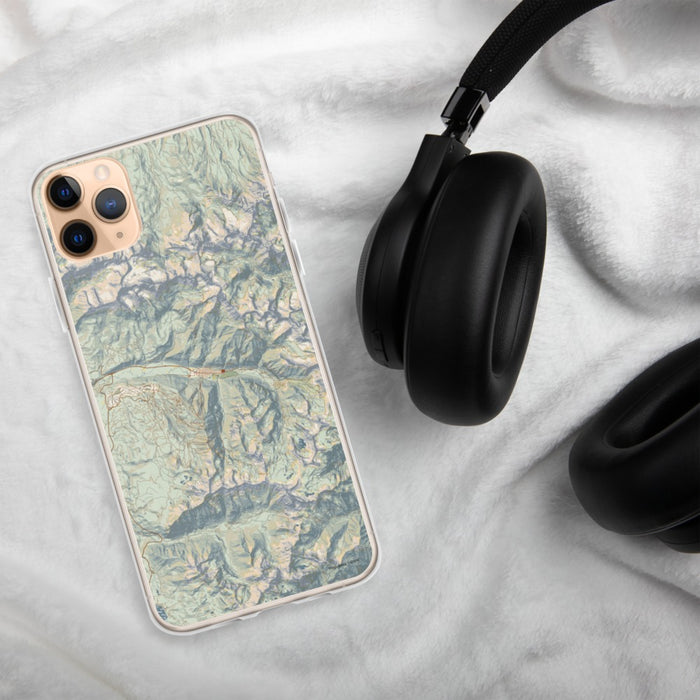 Custom Telluride Colorado Map Phone Case in Woodblock on Table with Black Headphones
