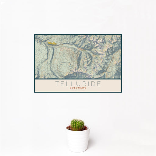 12x18 Telluride Colorado Map Print Landscape Orientation in Woodblock Style With Small Cactus Plant in White Planter
