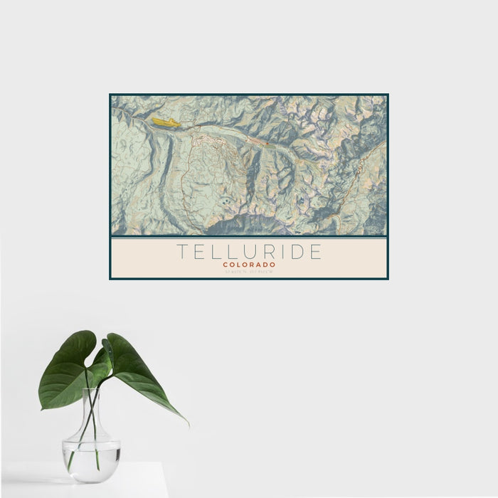 16x24 Telluride Colorado Map Print Landscape Orientation in Woodblock Style With Tropical Plant Leaves in Water