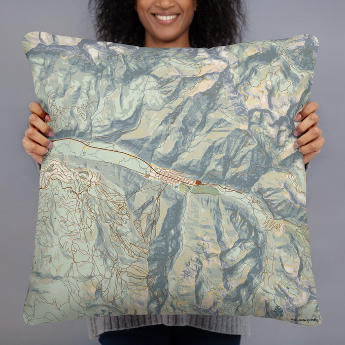 Person holding 22x22 Custom Telluride Colorado Map Throw Pillow in Woodblock