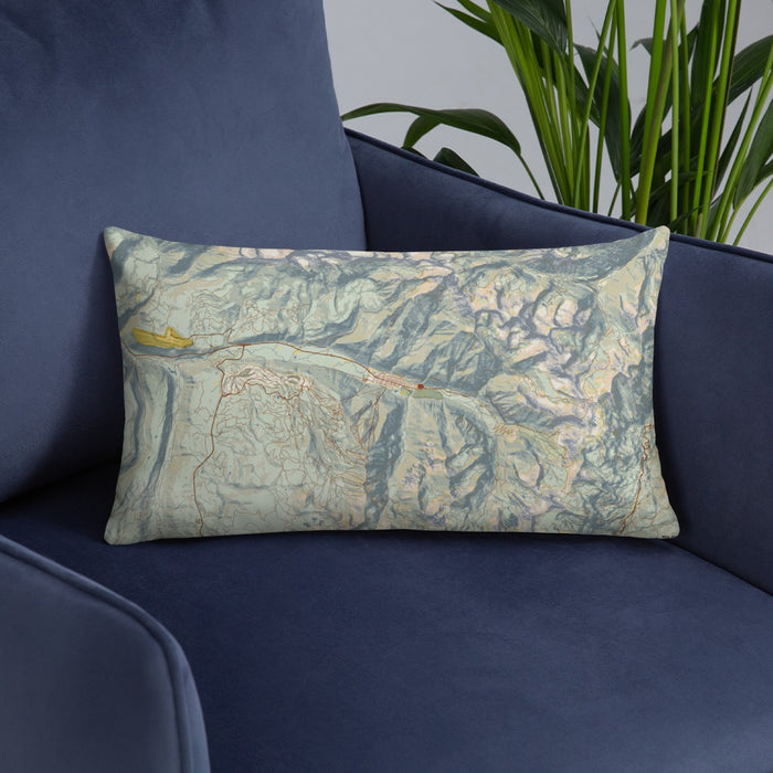 Custom Telluride Colorado Map Throw Pillow in Woodblock on Blue Colored Chair